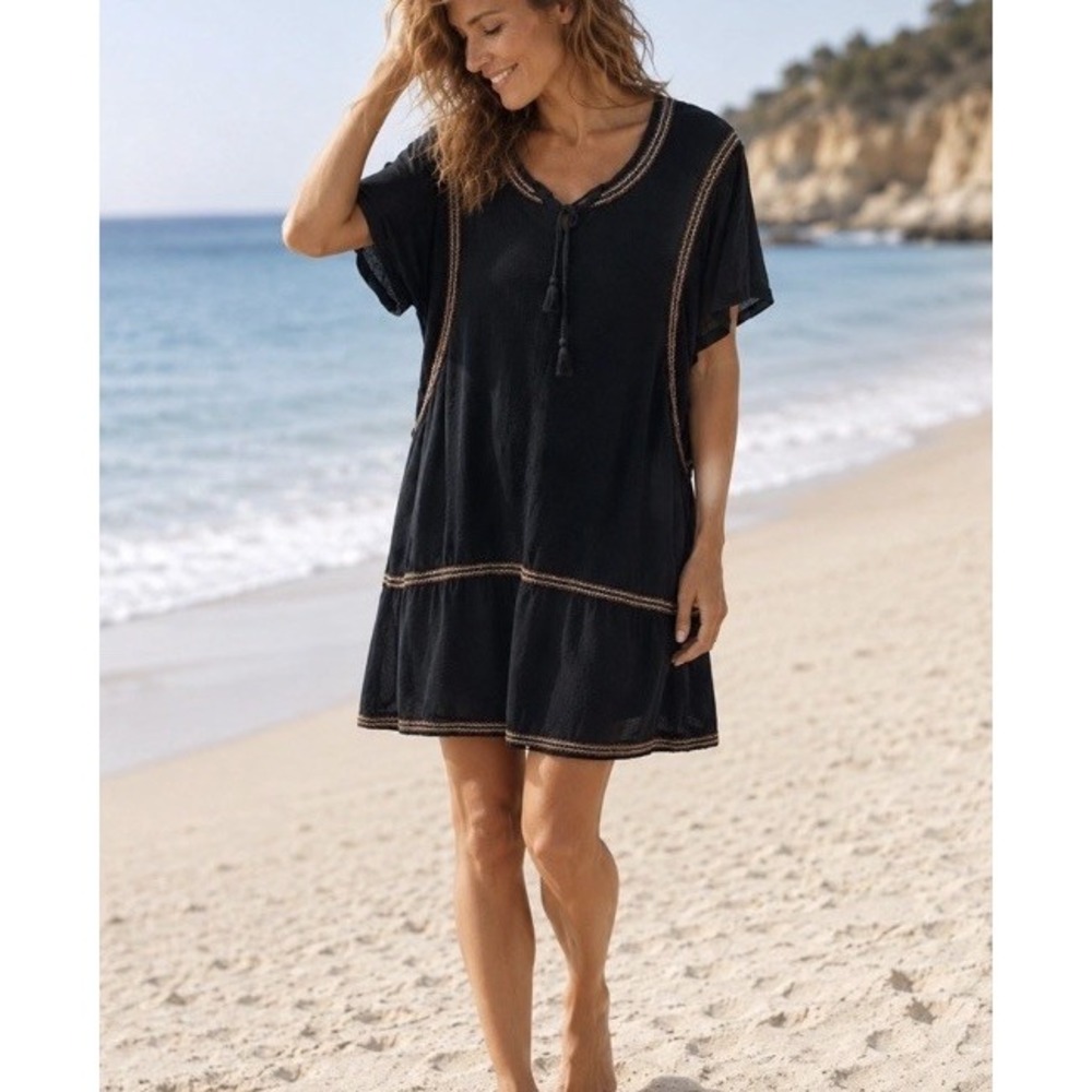 Garnet Hill Tunic Dress 100% Organic Linen Black Embroidered Loose Flowy Boho S